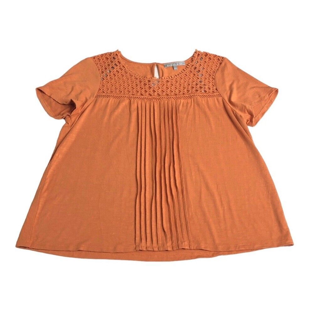 Daniel Rainn Top Womens Large Orange Sabrina Lace Neck Knit Pleated Boho Blouse‎